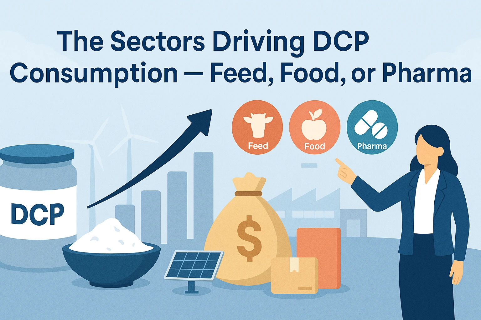 Flat-style landscape banner featuring a DCP container, a bowl of dicalcium phosphate, growth charts, money bag, solar panel, wind turbines, and icons representing feed, food, and pharma sectors with a businesswoman pointing at them, illustrating the secto
