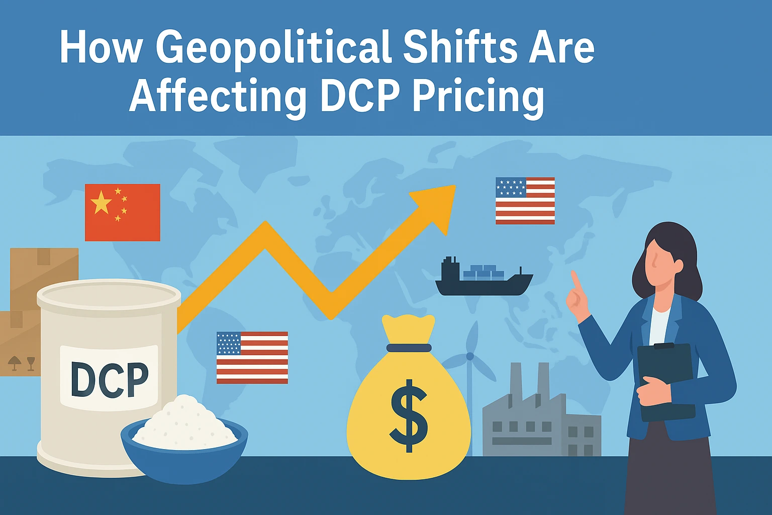 Flat-style landscape banner showing a DCP container, a bowl of dicalcium phosphate powder, money bag icon, rising price arrow, cargo ship, global map, U.S. and China flags, and a businesswoman with a clipboard, illustrating how geopolitical shifts are aff