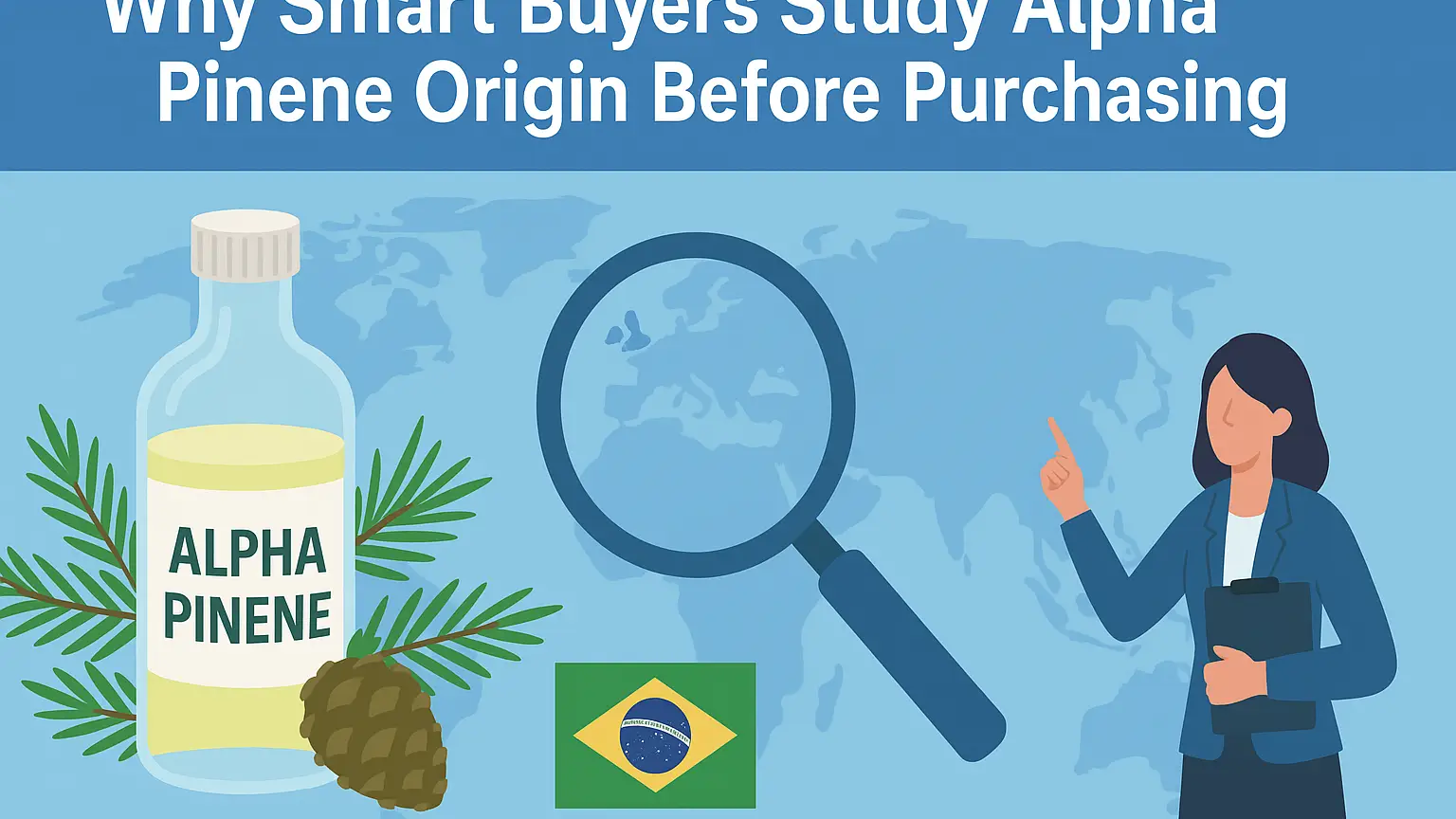 Flat-style landscape banner featuring an alpha pinene bottle, pine cone, magnifying glass over a world map, and Brazil flag, illustrating why smart buyers study the origin of alpha pinene before purchasing