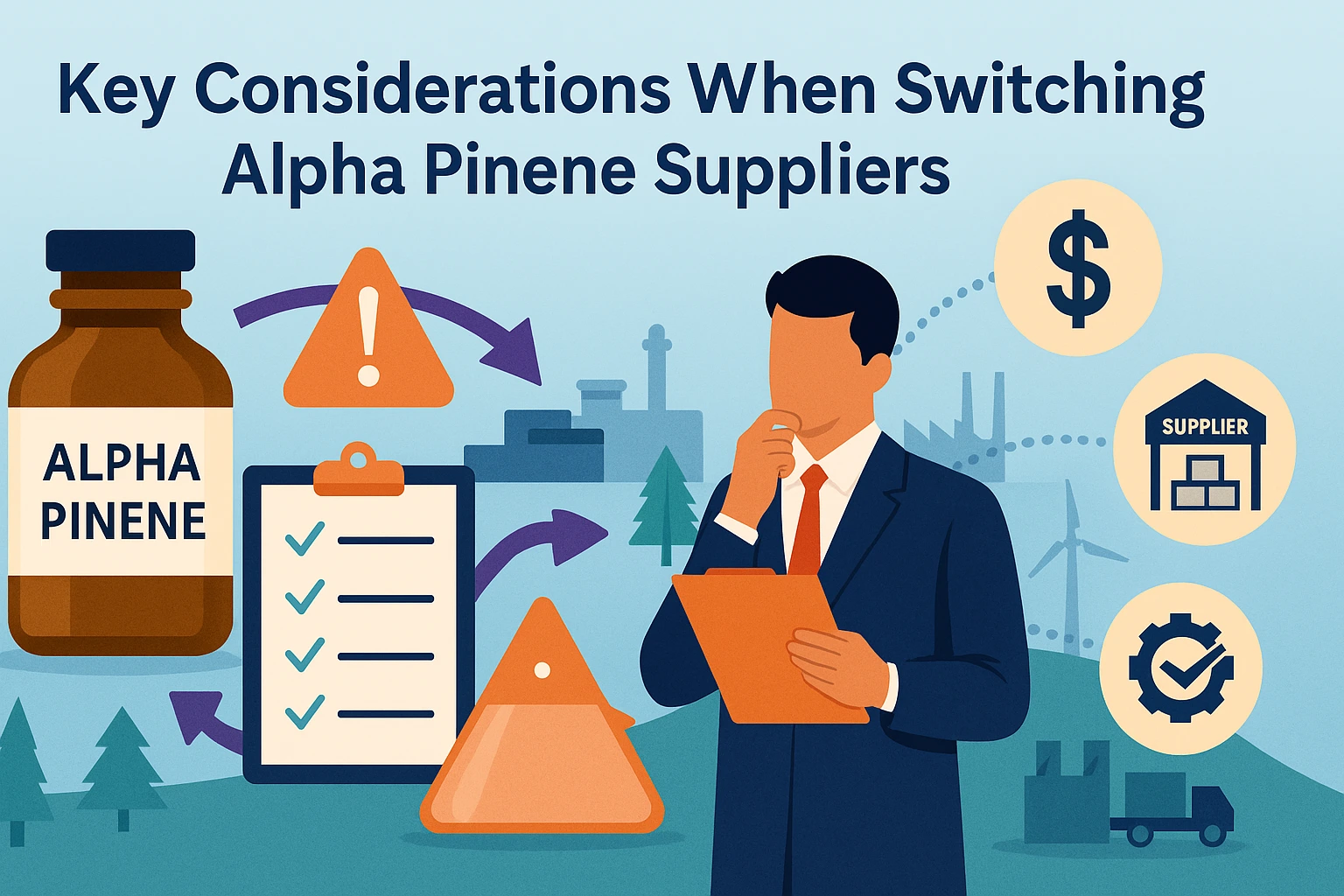Flat-style landscape banner featuring an alpha pinene bottle, checklist, warning icons, supplier warehouse symbol, dollar sign, and a business professional evaluating options, illustrating key considerations when switching alpha pinene suppliers