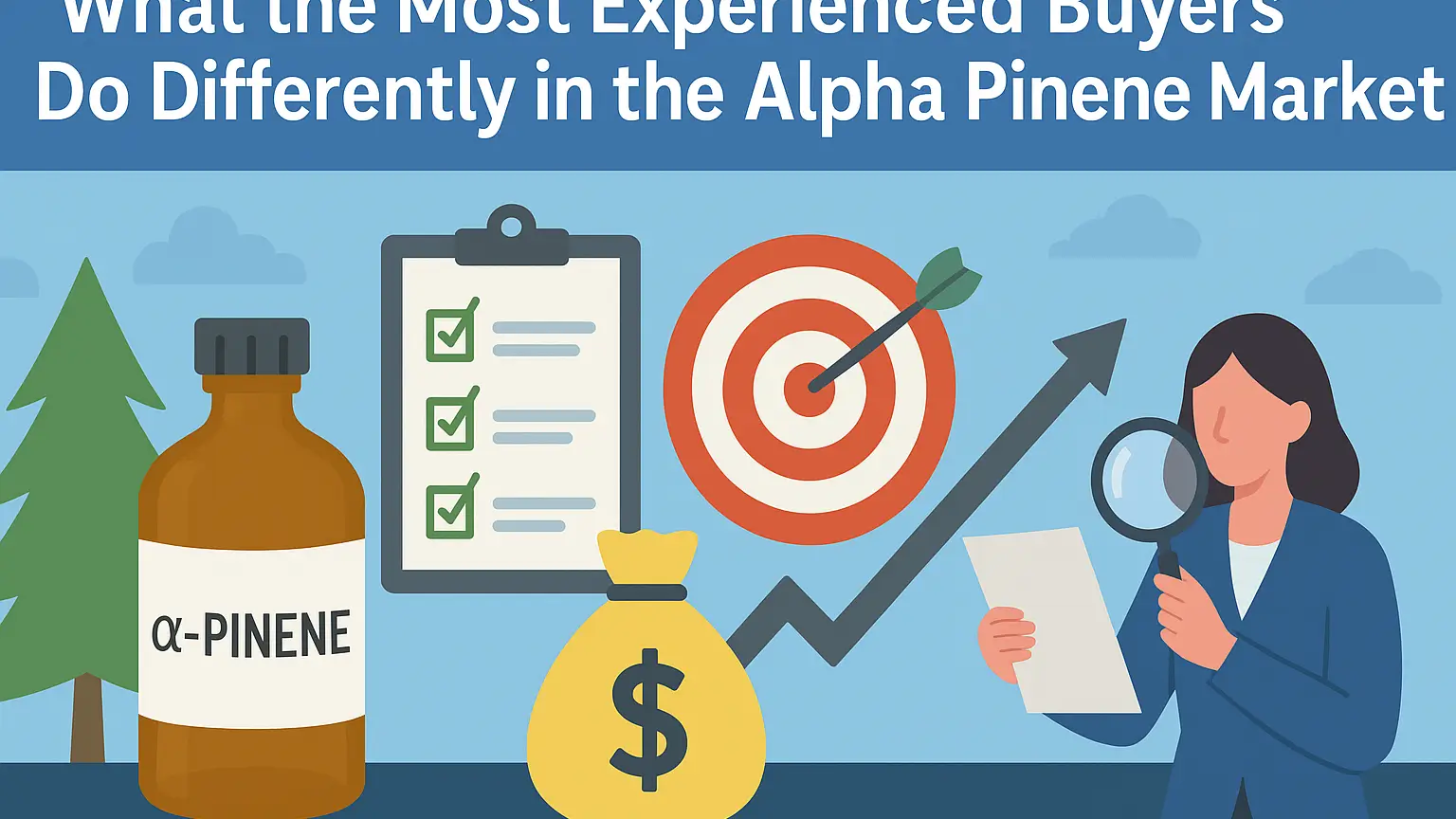 Flat-style landscape banner showing an alpha-pinene bottle, pine tree, checklist, target with arrow, money bag, and a businesswoman analyzing documents with a magnifying glass, illustrating what the most experienced buyers do differently in the alpha pine