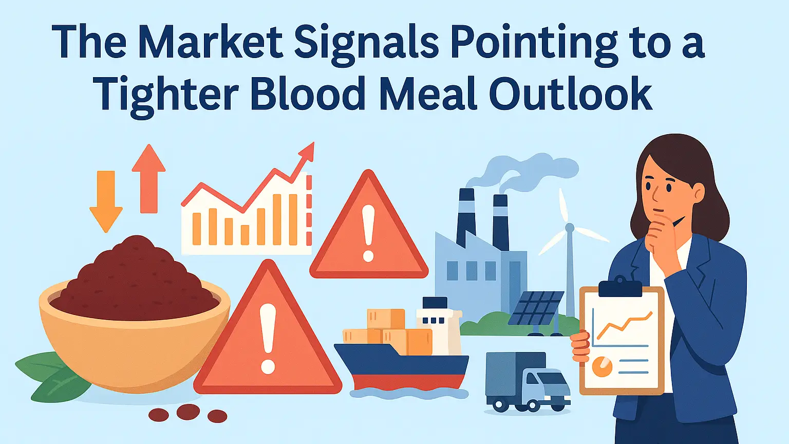 Flat-style landscape banner showing a bowl of blood meal, rising and falling market arrows, warning signs, cargo ship, truck, factory, and a businesswoman analyzing a chart, illustrating market signals pointing to a tighter blood meal outlook