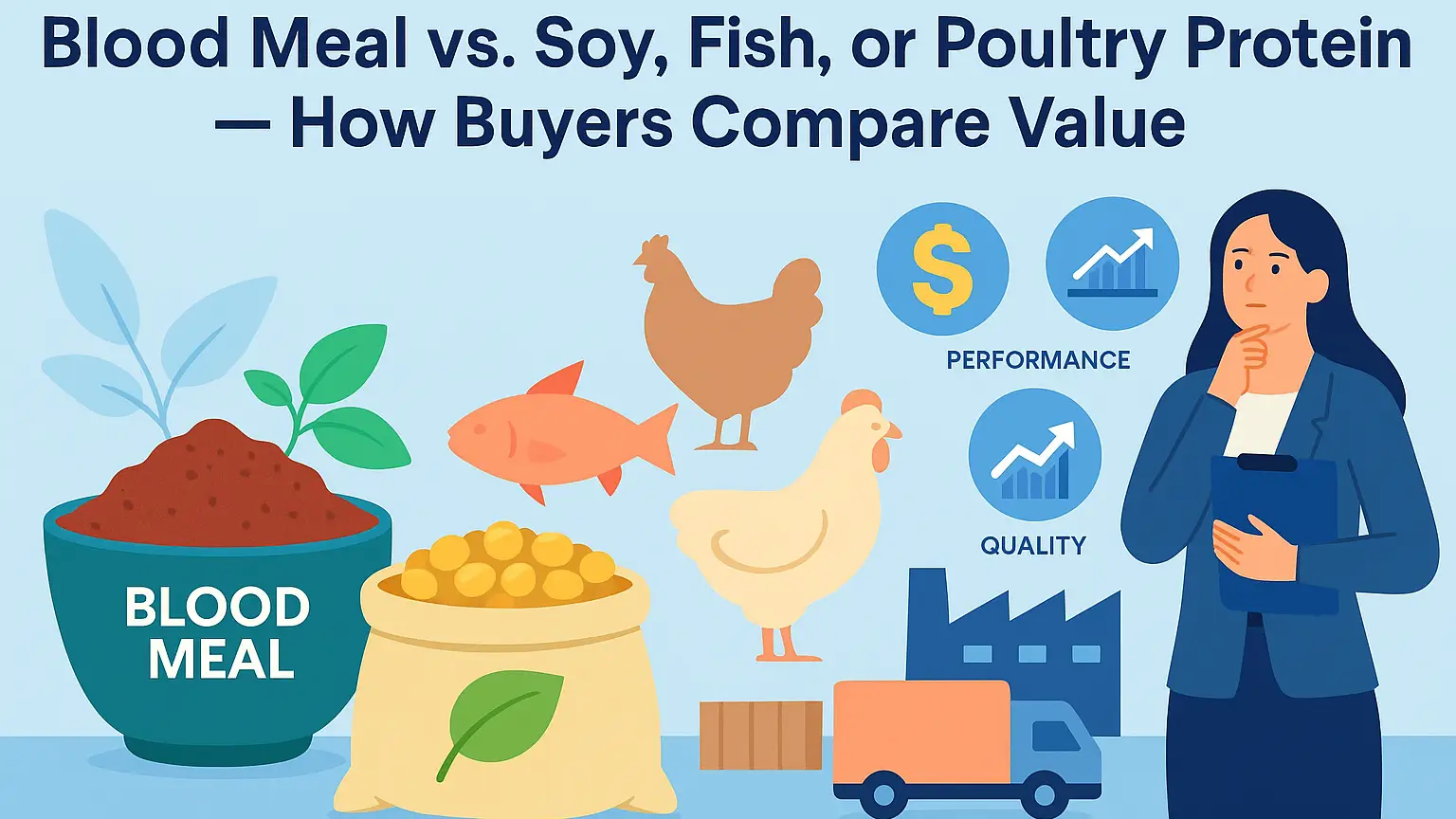 Flat-style landscape banner comparing blood meal with soy, fish, and poultry protein, featuring bowls and icons of each protein source, performance and quality metrics, and a buyer evaluating value in feed ingredient purchasing