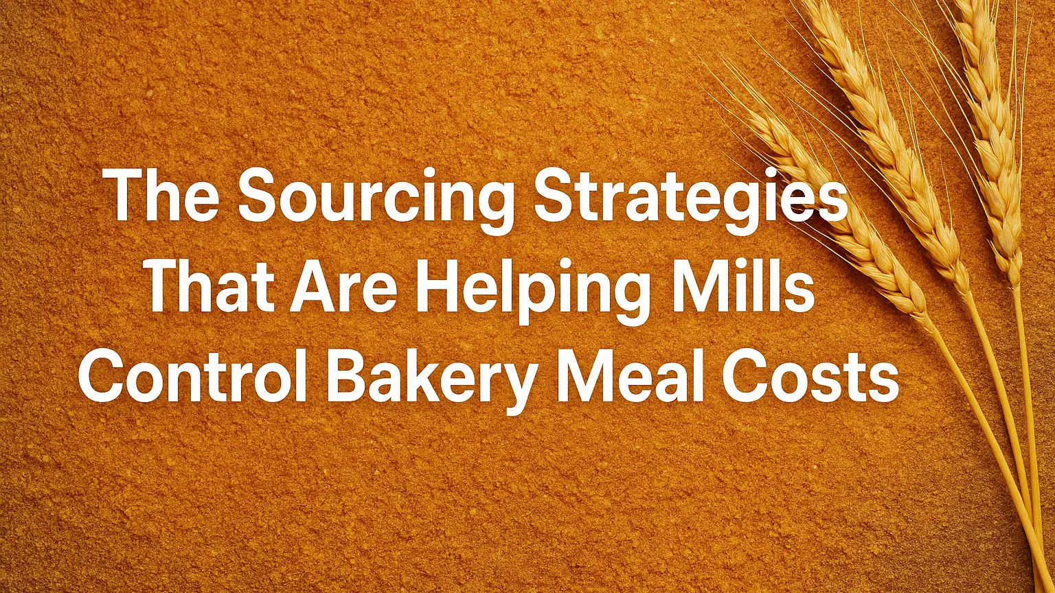 Landscape banner with warm brown grain-textured background and wheat stalks on the right side, featuring the title ‘The Sourcing Strategies That Are Helping Mills Control Bakery Meal Costs’ in bold white text