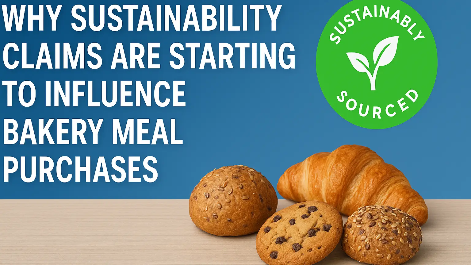Landscape banner with the title ‘Why Sustainability Claims Are Starting To Influence Bakery Meal Purchases’, featuring clean light-brown bakery tones, grain texture, and eco-friendly design elements