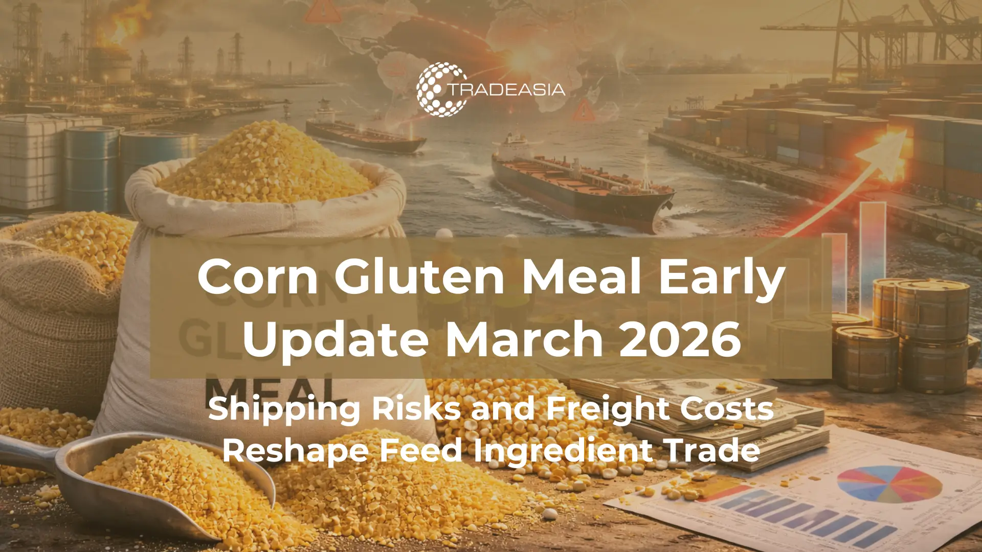 Article Banner | Corn gluten meal feed ingredient and cargo ship illustrating logistics pressure and Strait of Hormuz shipping risks affecting global feed markets in 2026