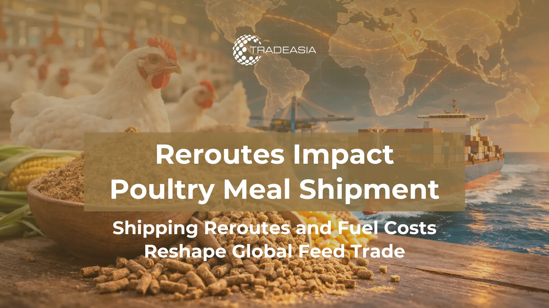 Article Banner | Poultry meal animal feed ingredient and cargo vessel illustrating logistics risk and freight cost pressures affecting global poultry meal trade in 2026