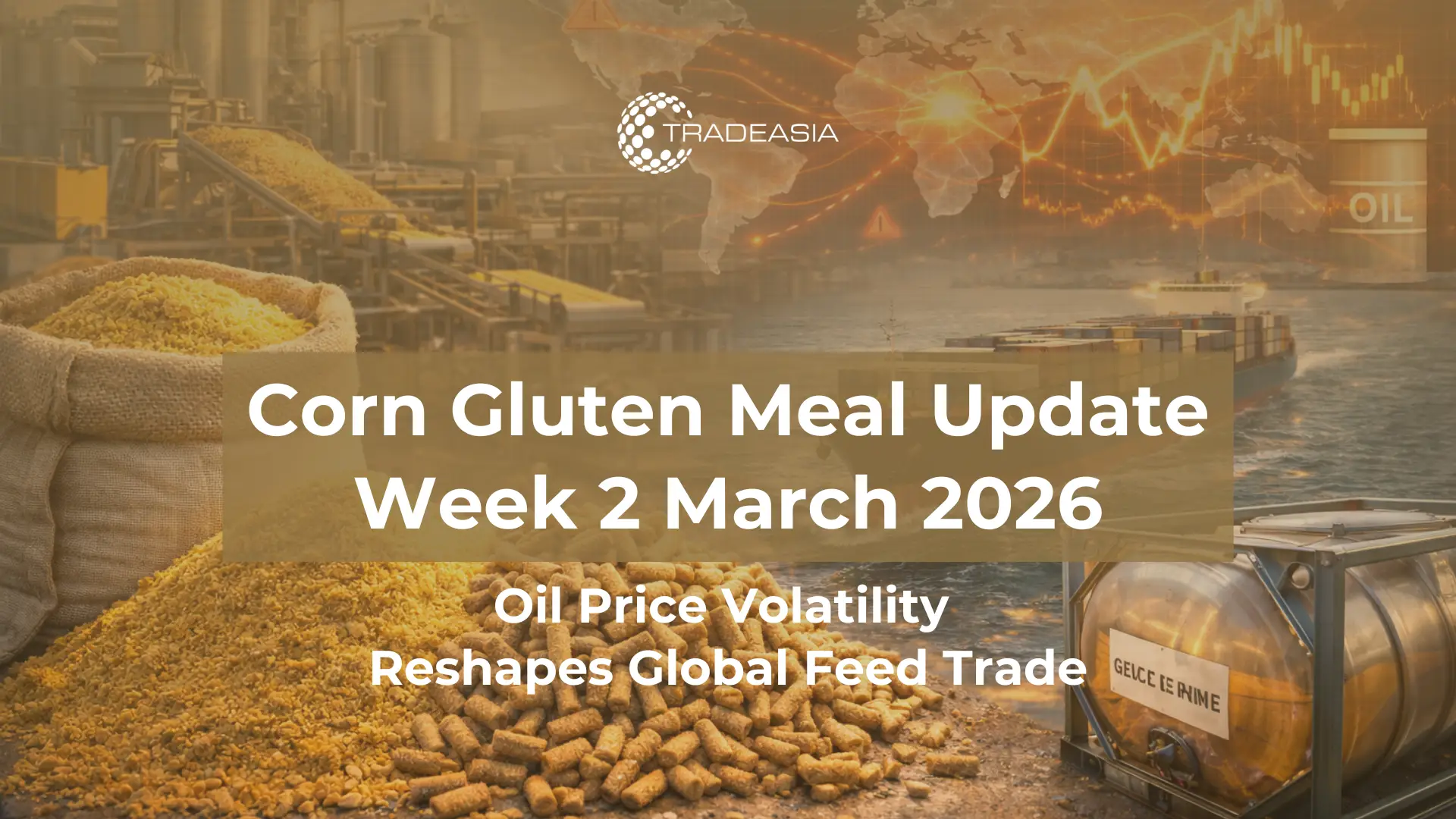 Article Banner | Corn gluten meal feed ingredient with cargo ships and oil price chart illustrating the impact of energy volatility on global feed trade in 2026.