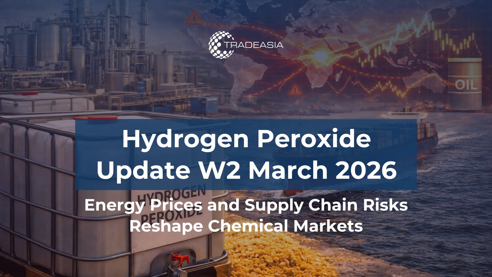Article Banner | Hydrogen peroxide chemical tanks and oil price chart illustrating how rising energy costs and supply disruptions affect chemical markets in 2026.