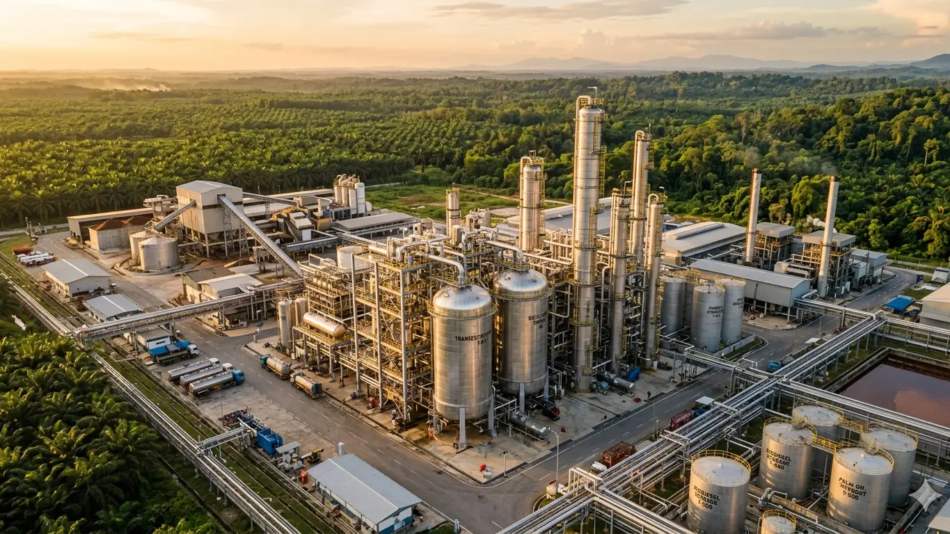 Palm oil biodiesel plant in Southeast Asia generating crude glycerine as a co-product from transesterification