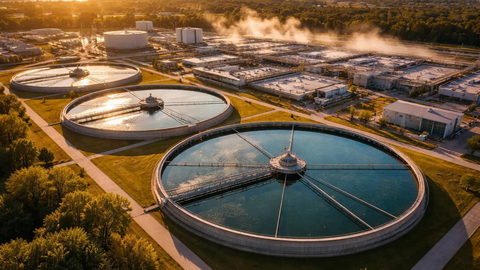 Professional industrial photograph of a large municipal water treatment plant at golden hour