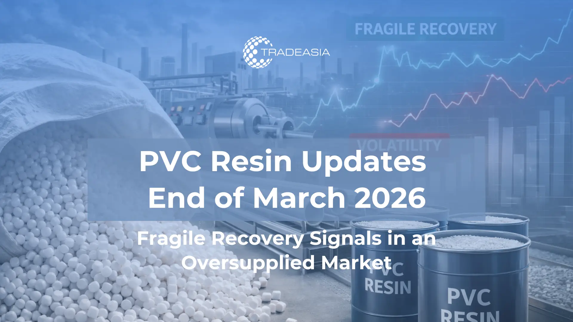 Article Banner | PVC resin pellets and industrial production line with market chart overlay showing fragile price recovery in the global PVC market in 2026.