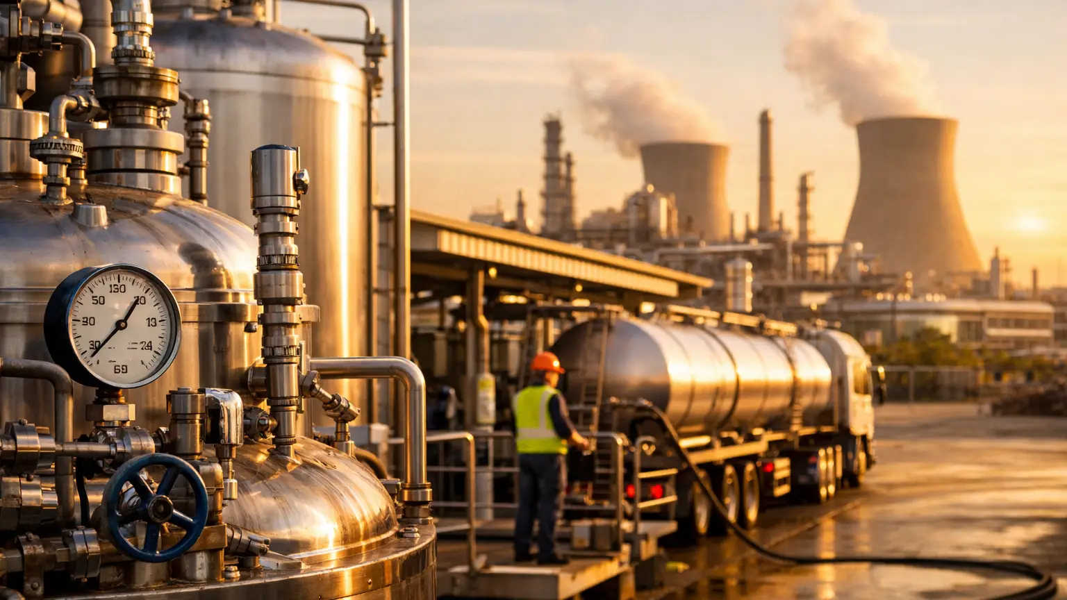 Crude glycerine storage tanks and loading bay at a palm oil oleochemical processing facility