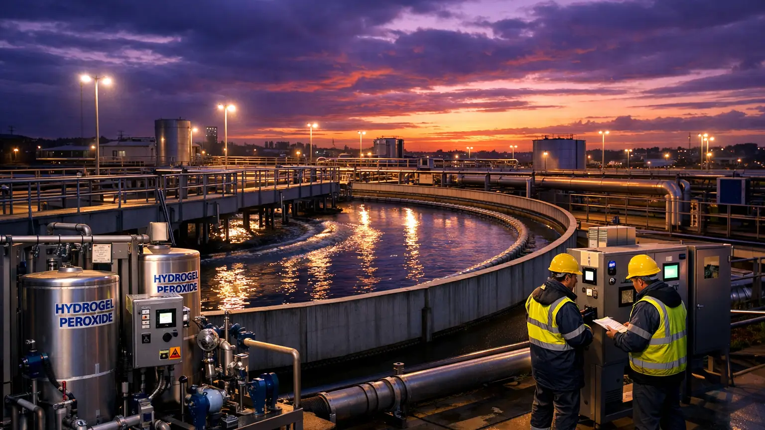 a modern municipal wastewater treatment facility at dusk, large circular clarifier tanks with flowing water, stainless steel dosing equipment for hydrogen peroxide visible in foreground