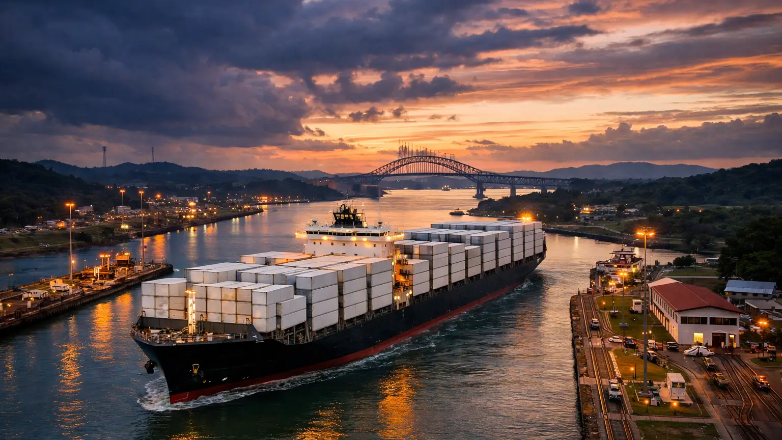 Cargo vessel transiting the Panama Canal — a key logistics chokepoint  for poultry meal exports from Brazil and the U.S. to Asia
