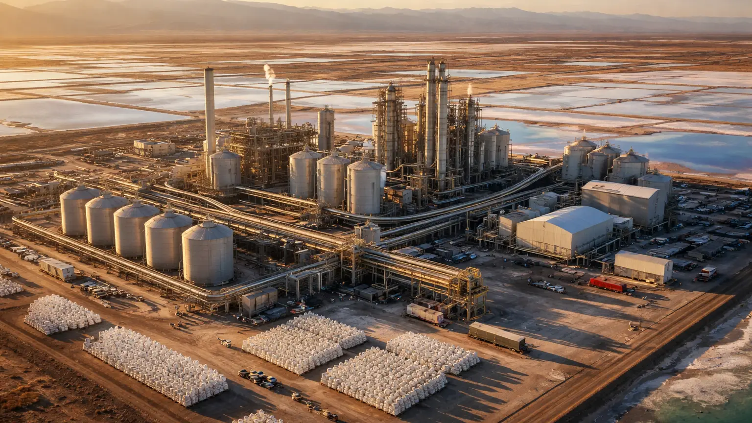 Sodium sulphate production facility with salt ponds and bulk storage silos in northern China