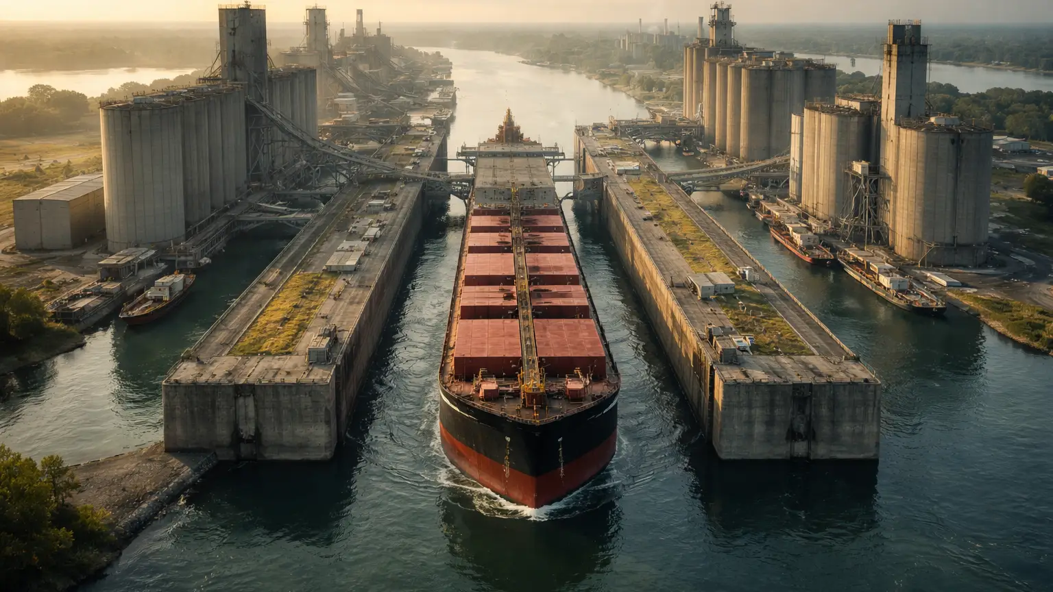 Bulk carrier vessel transiting the St. Lawrence Seaway locks for soybean meal export