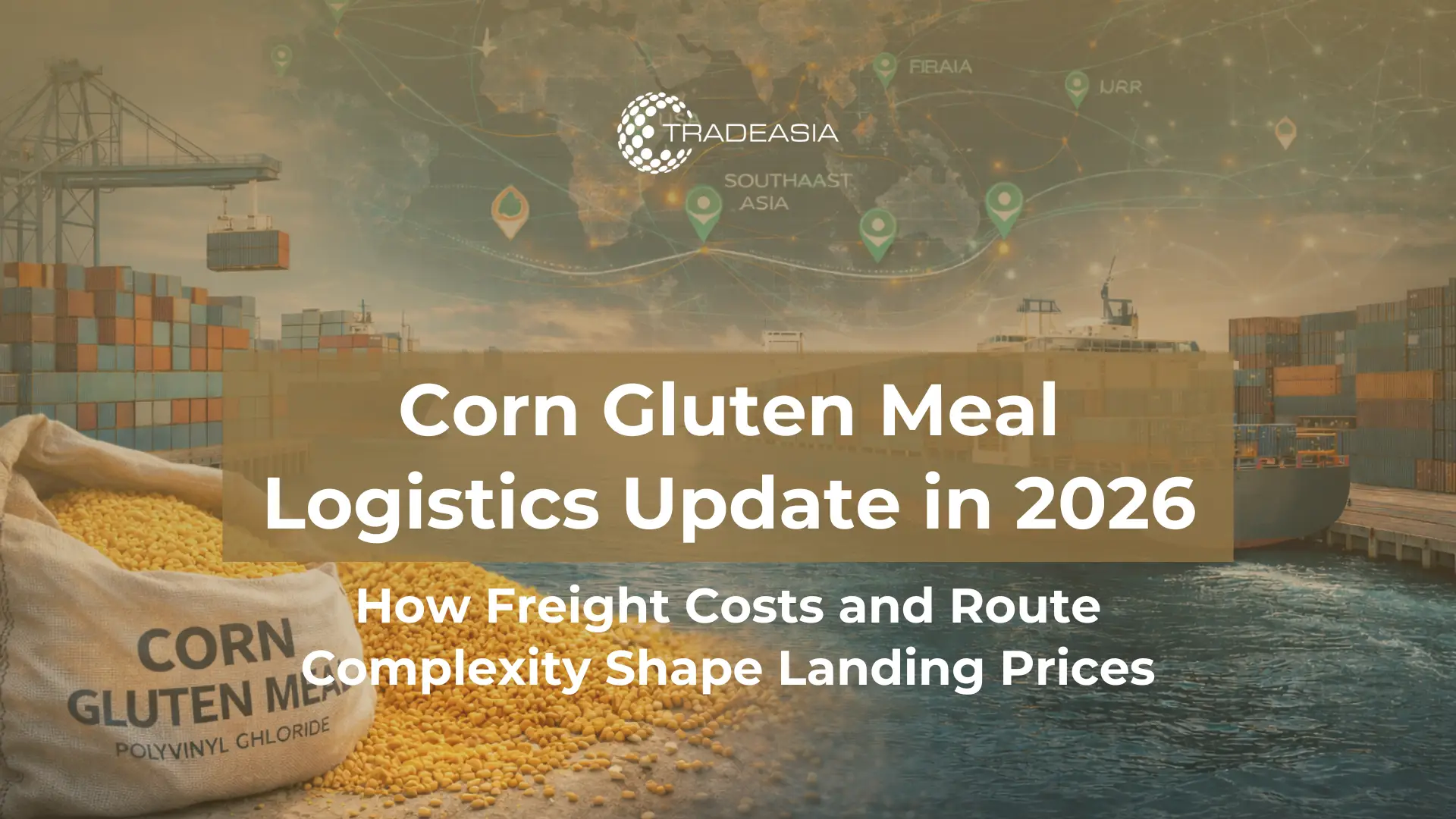 Article Banner | Modern container ship loaded with agricultural commodity containers, representing global corn gluten meal distribution networks connecting Asia, Middle East, and Africa ports with emphasis on international maritime logistics and supply ch