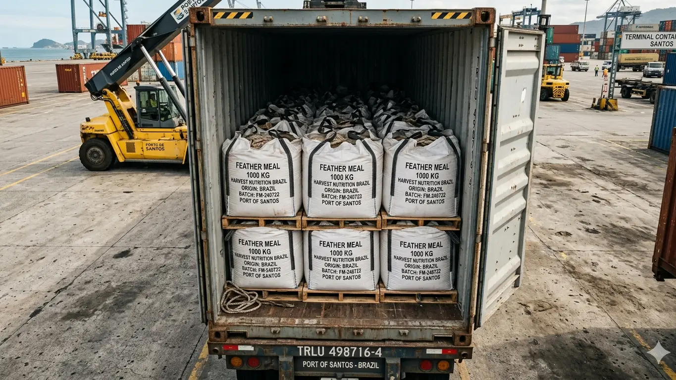 Hydrolyzed feather meal in bulk supersacks loaded at Santos port for export to Southeast Asian aquafeed mills.