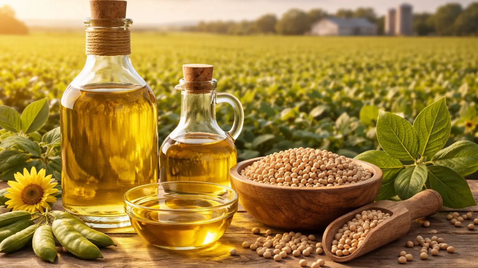 Soybean oil bottles and soybeans in a clean professional farm landscape.
