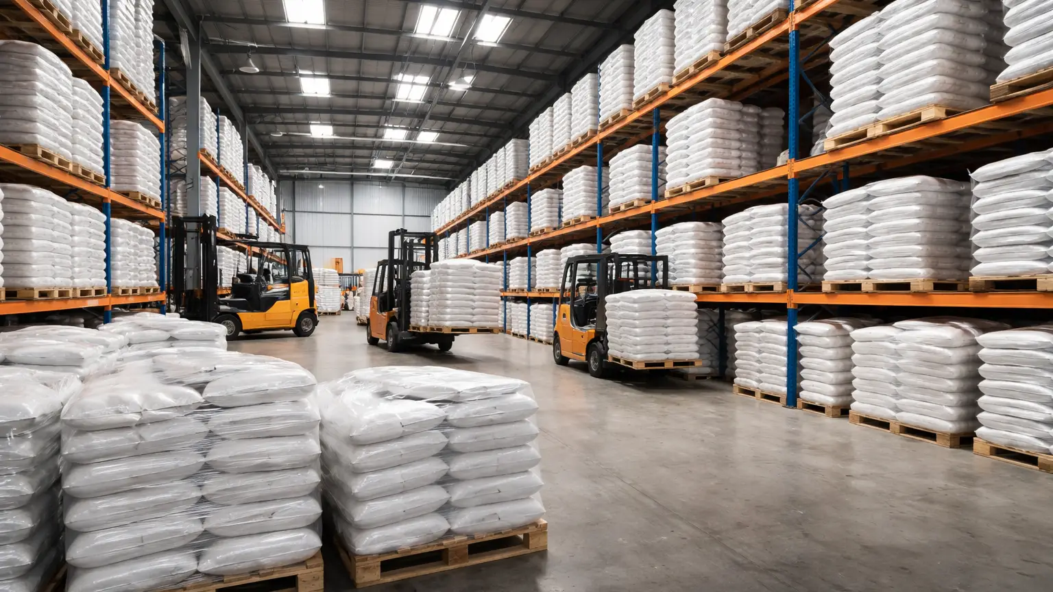 Citric acid monohydrate inventory stored in bulk bags inside an industrial warehouse for supply chain management.