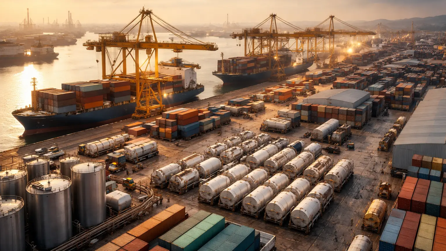 Stearic acid export logistics from Asia showing container shipping and freight operations at a global port.