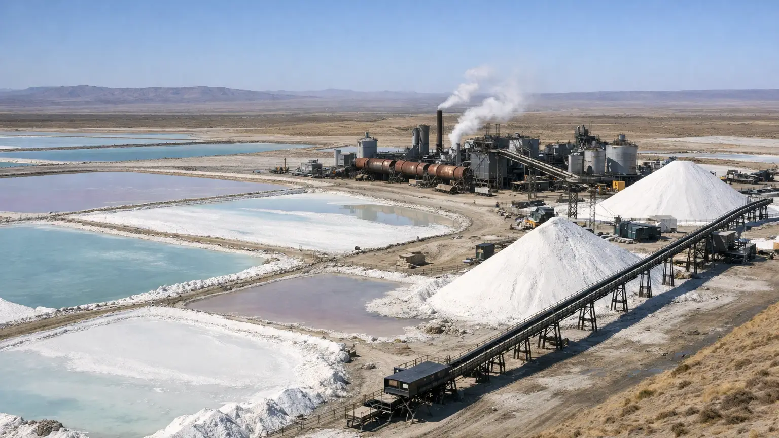 Natural sodium sulphate processing plant showing crystallization ponds and drying infrastructure.
