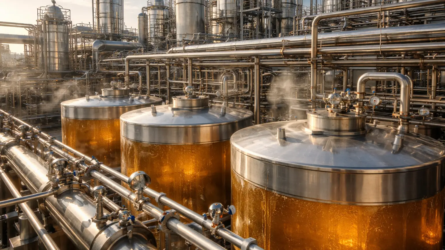 Crude glycerine storage tanks at a biodiesel plant showing oversupply conditions in global markets.