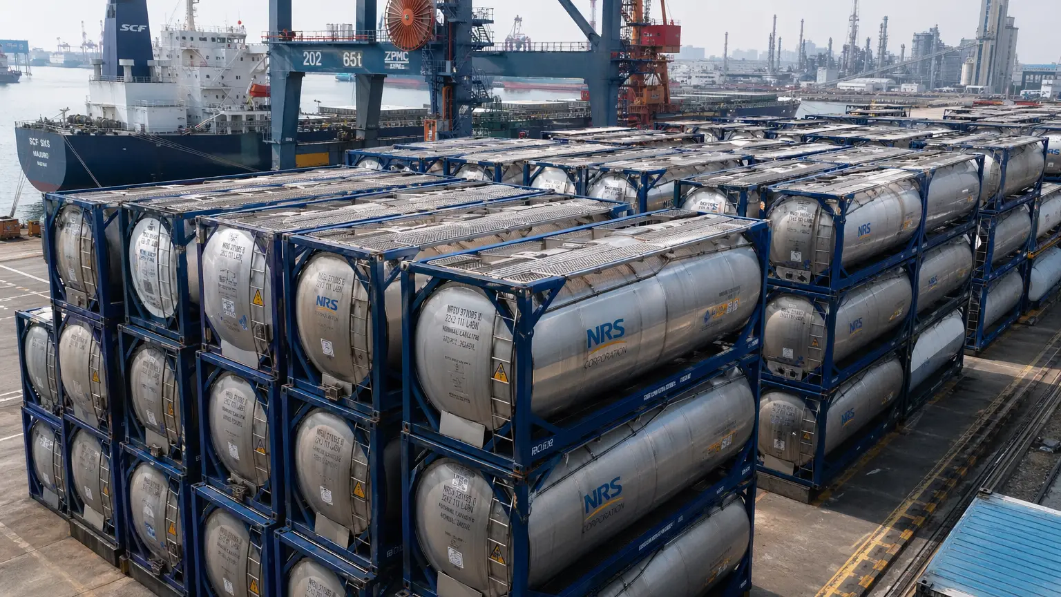 Liquid glucose ISO tank containers at an export terminal, ready for intercontinental shipment.