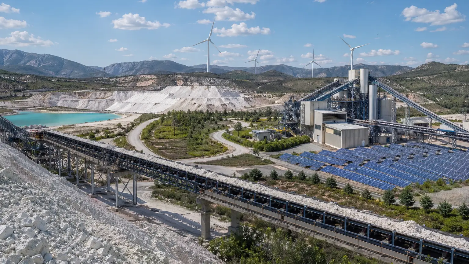 Sustainable borax decahydrate supply chain with mining operations and renewable energy integration.