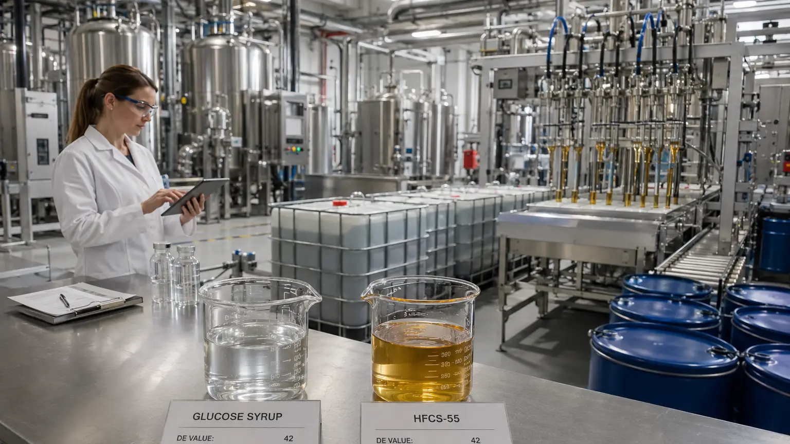 Liquid glucose and high-fructose corn syrup displayed in a food ingredient processing facility for global buyers.