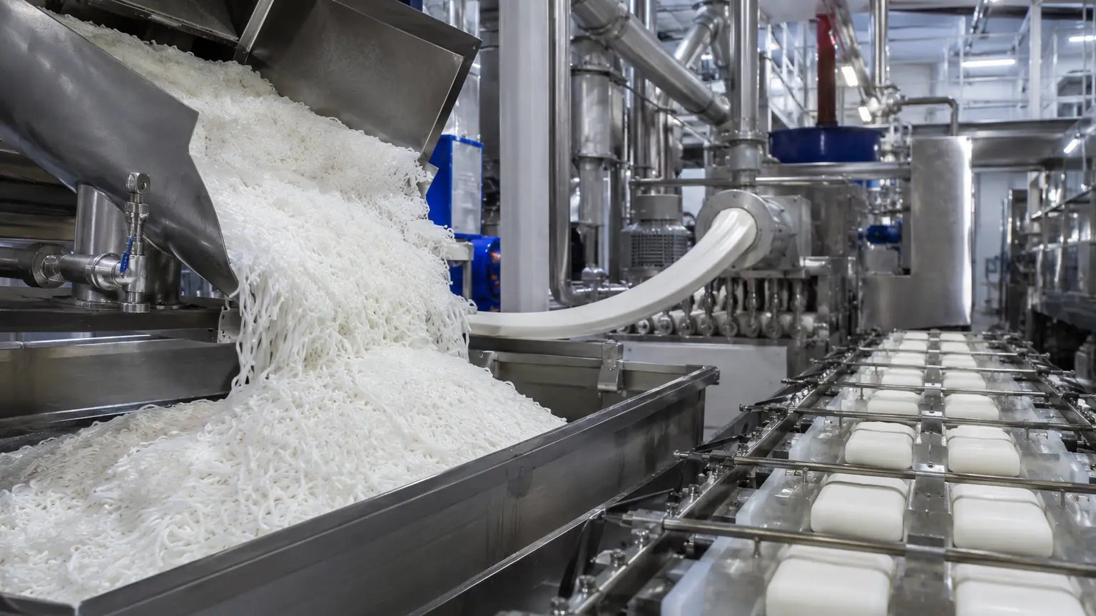 Soap noodles used in toilet soap manufacturing inside an industrial soap production facility.