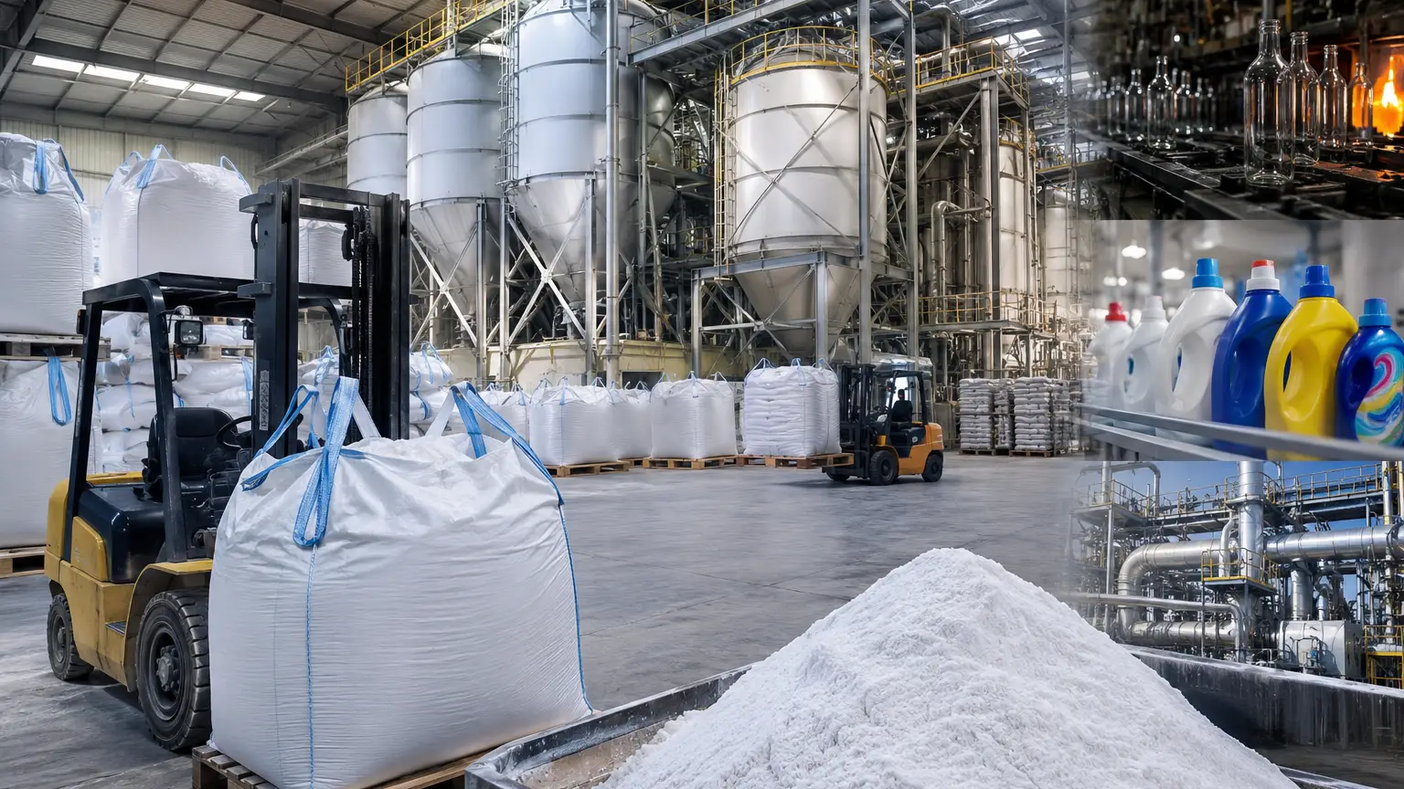 Soda ash light stored and distributed for industrial buyers in glass, detergent, and chemical manufacturing sectors.