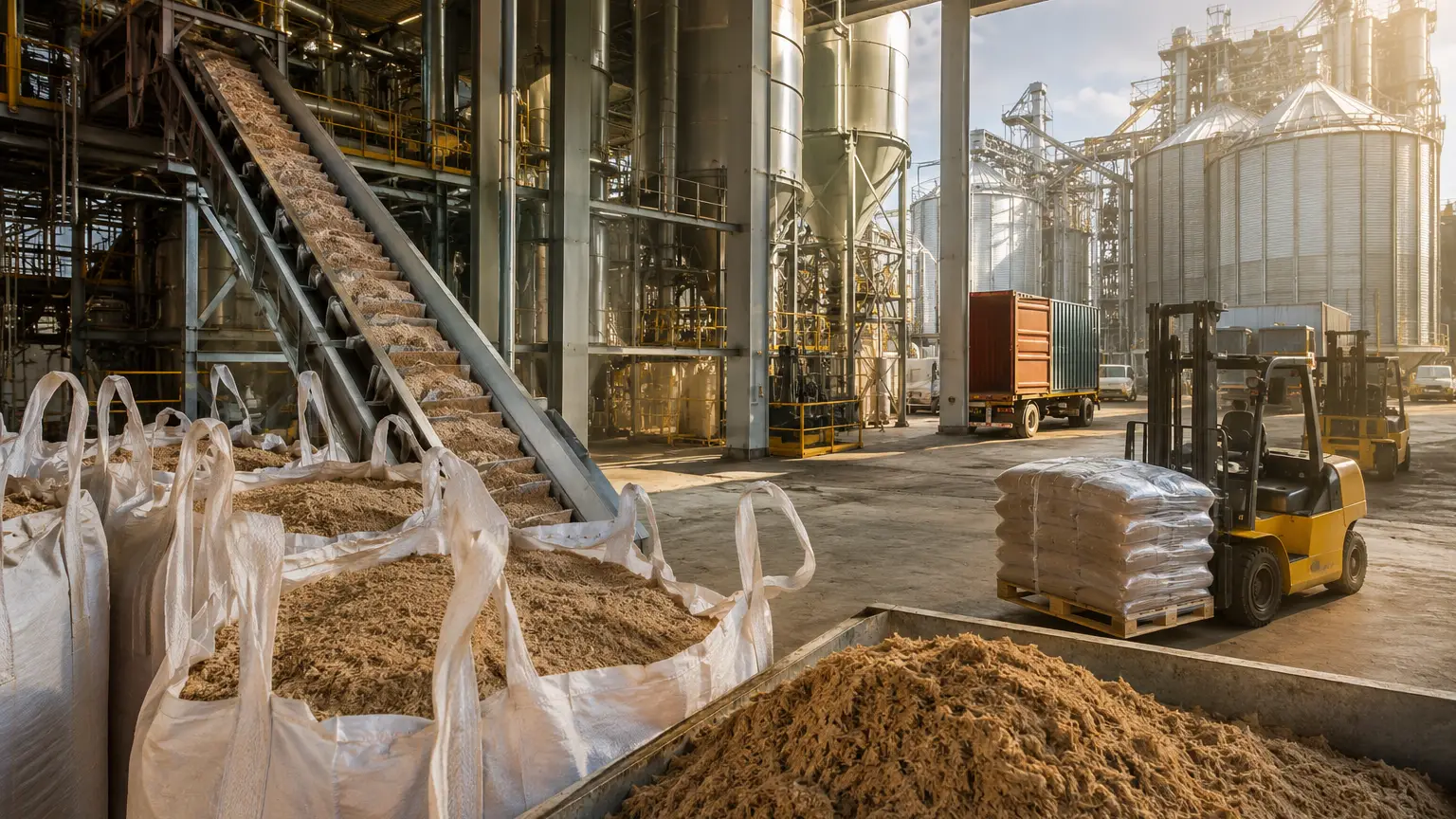 Hydrolyzed feather meal stored in bulk bags at a feed ingredient warehouse for global export and sourcing.