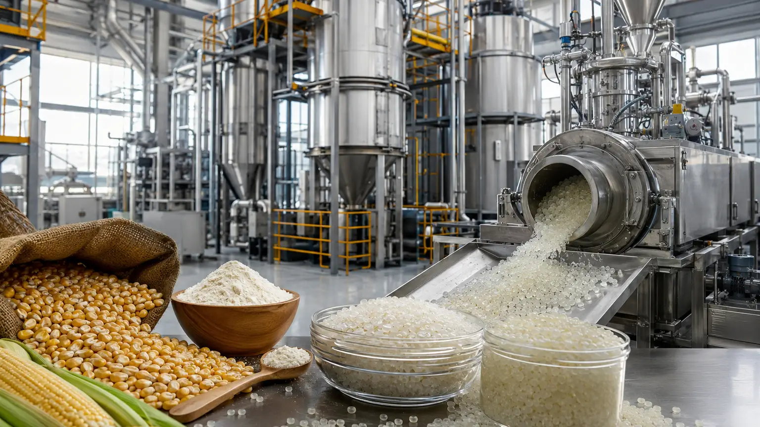 Corn starch feedstock used in bioplastics manufacturing with biodegradable polymer production equipment in a modern industrial facility.