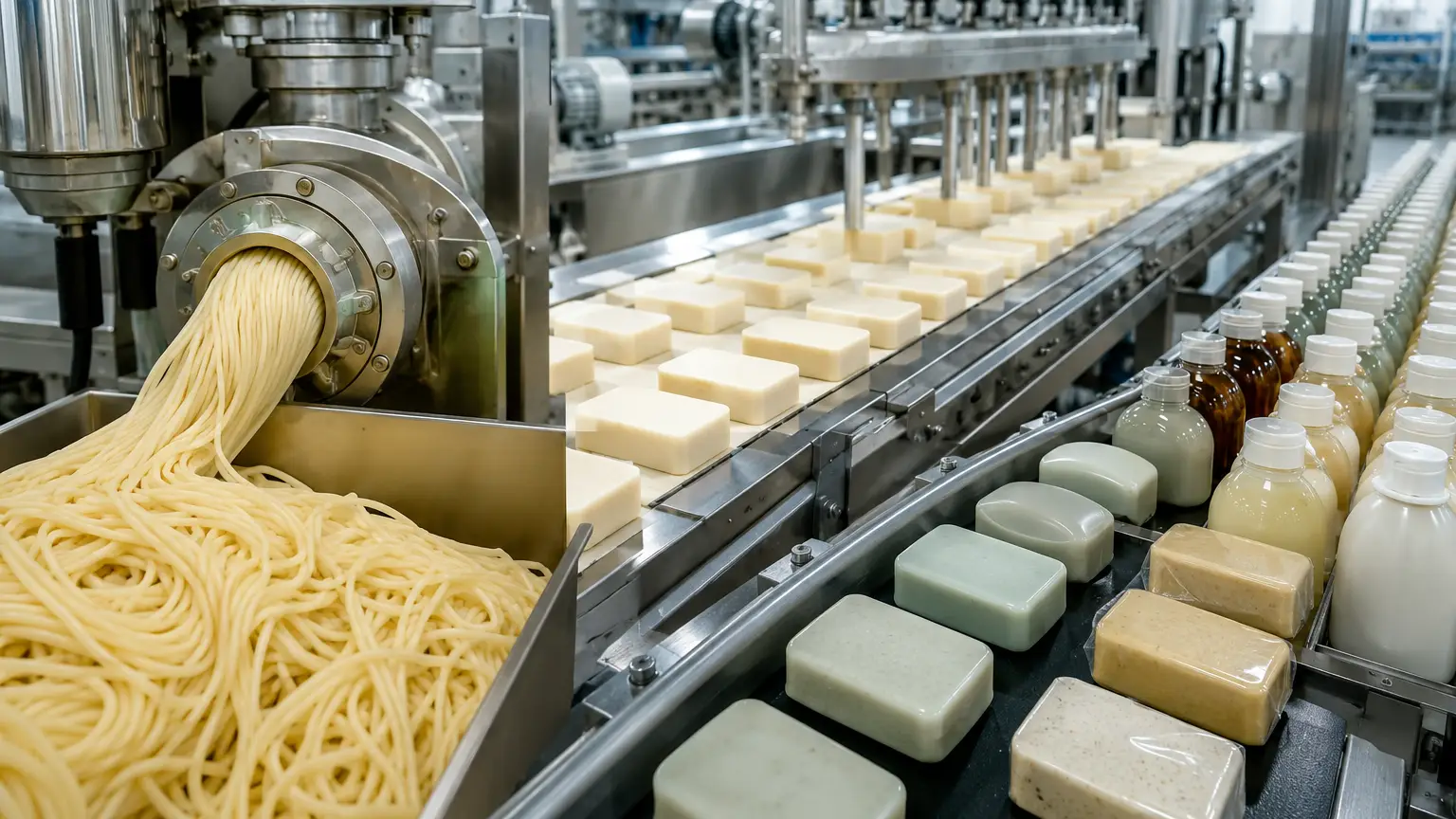 Soap noodle processing and consumer soap manufacturing line reflecting FMCG demand trends and production growth.