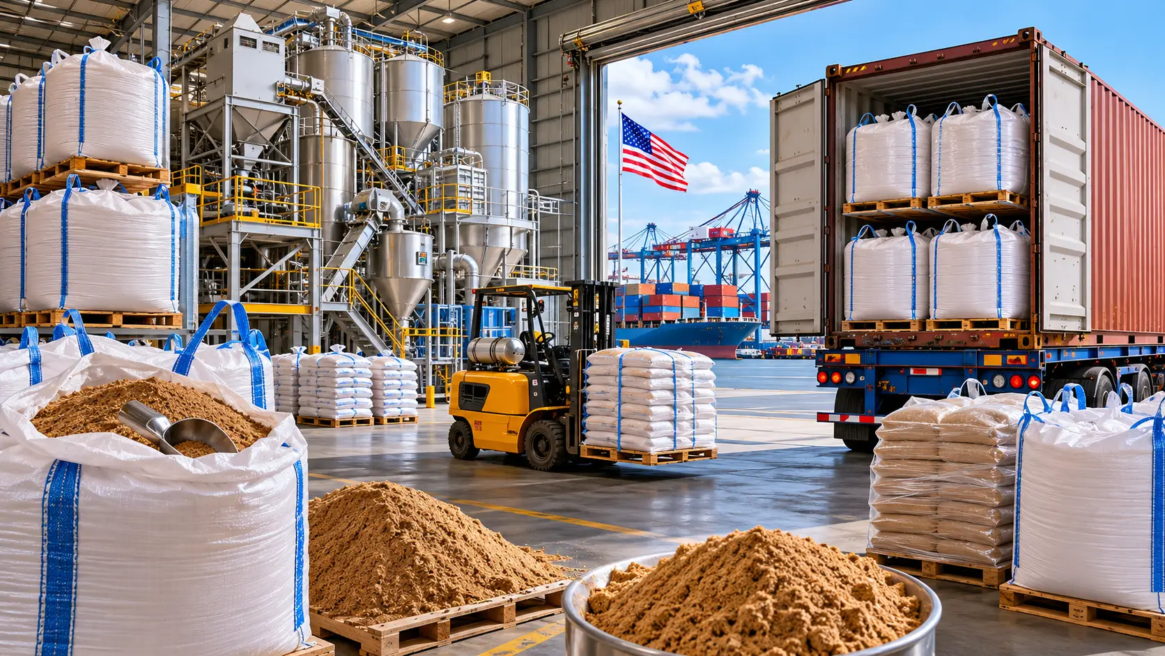 Feather meal export facility in the United States with bulk feed ingredient storage and shipping operations for Asia.