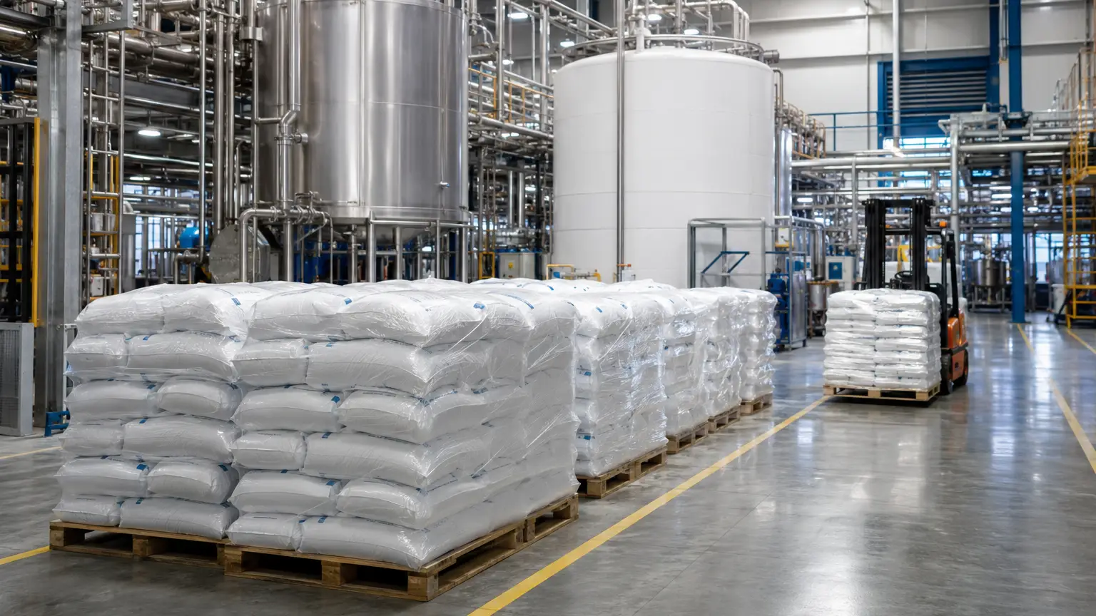 Caustic soda flakes stored and handled in an Indonesian chemical manufacturing facility.