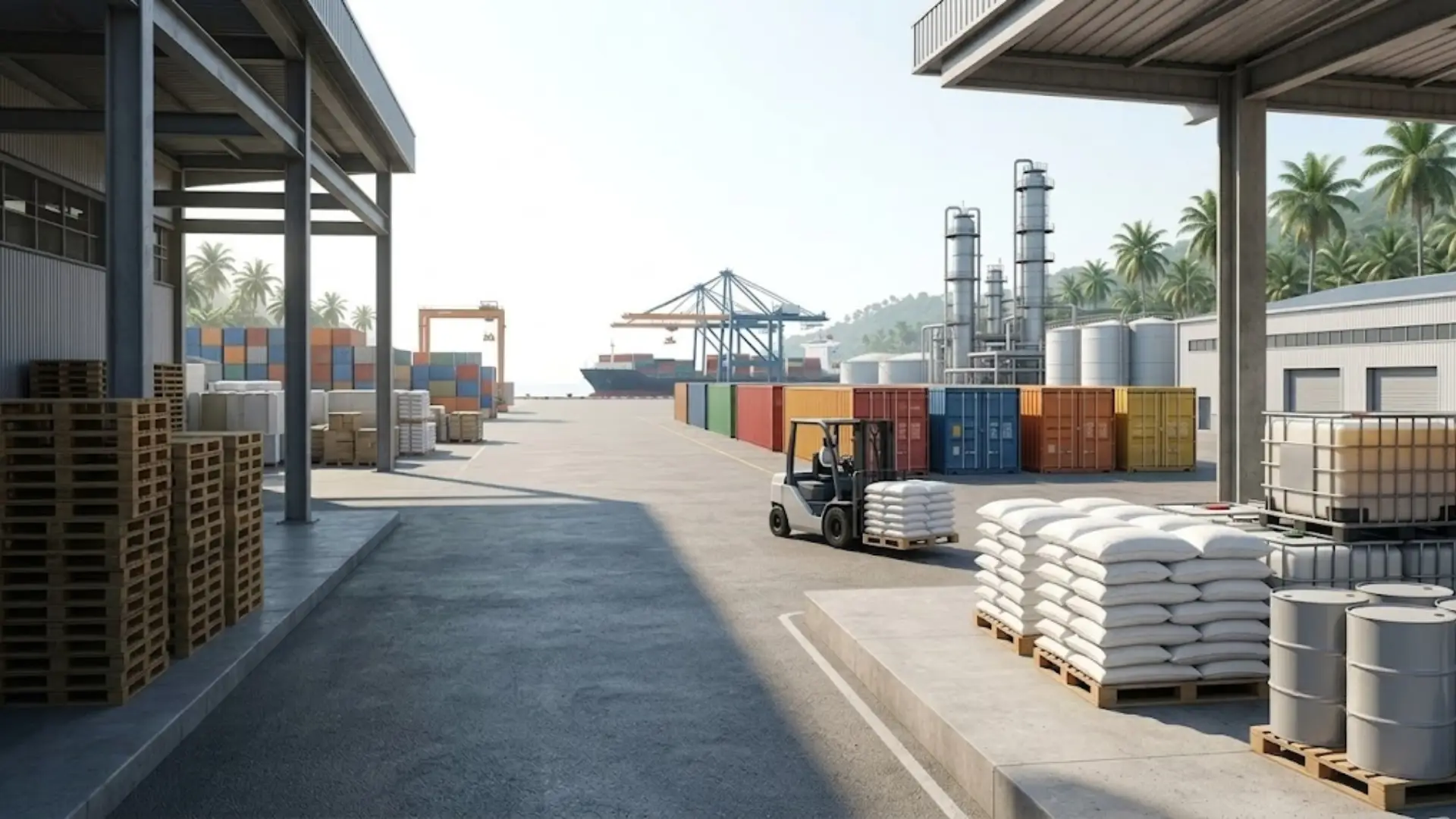 Industrial soap noodle distribution strategy showing palm-based feedstock, soap noodle bags, FMCG production, and container logistics.