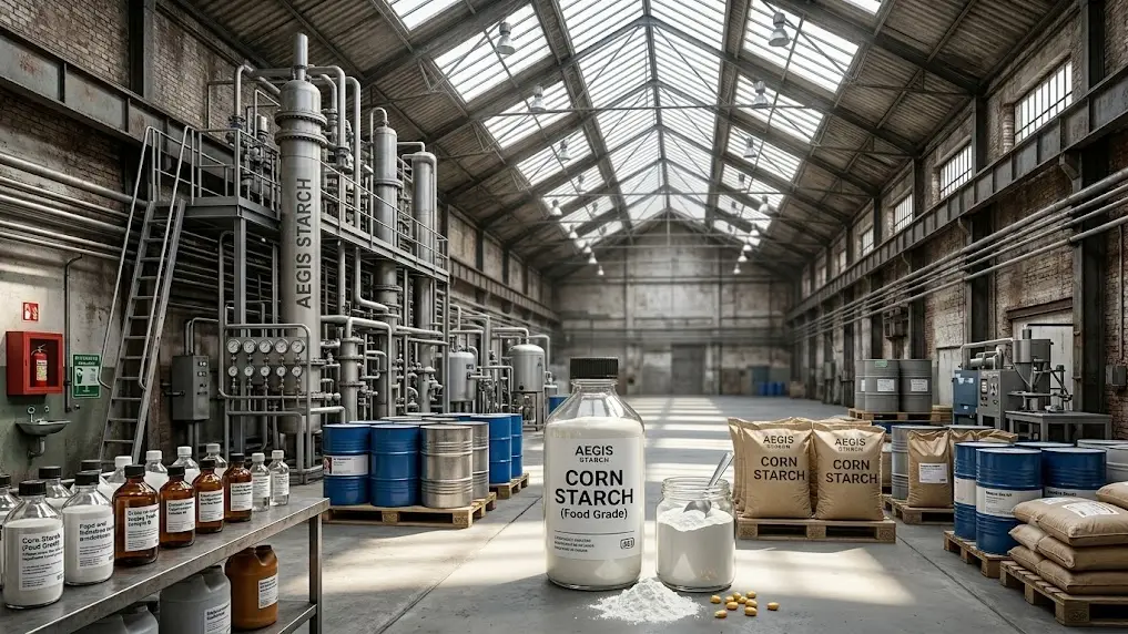 Corn starch supply chain showing corn kernels, wet-milling output, industrial bags, and global logistics for June 2026 sourcing.