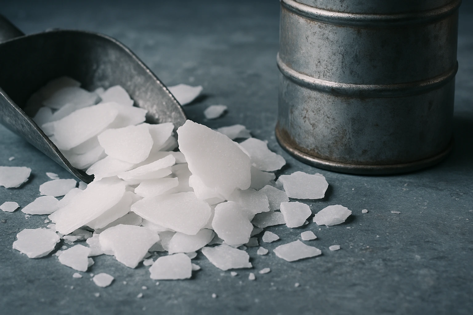 Close-up of white caustic soda flakes with a metal scoop and container, industrial chemical product used in manufacturing and cleaning applications